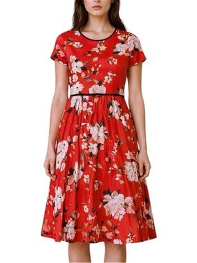Maggy London Petite 8P Red Floral Pleated Midi Dress NWT Wedding Guest
